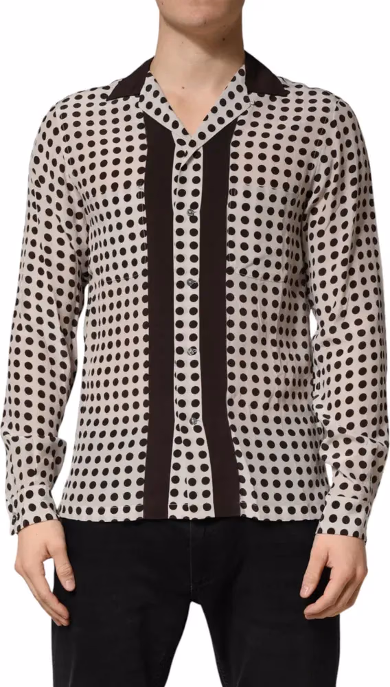 Dolce & Gabbana White Black Polka Dot Silk Men Casual Shirt