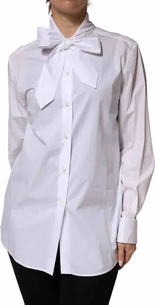 Dolce & Gabbana White Cotton Bow Tie Long Sleeves Blouse Top