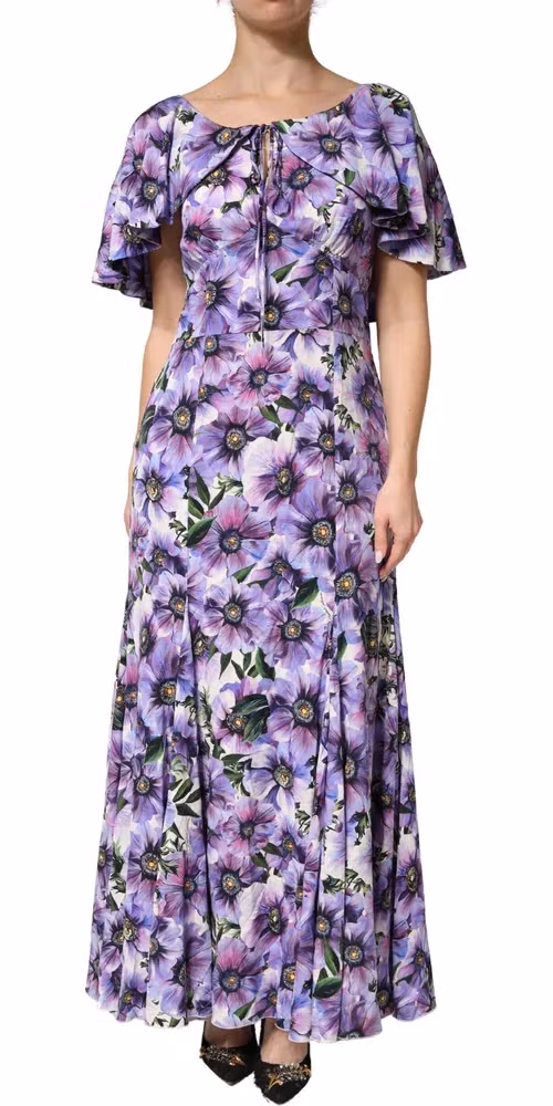 Dolce & Gabbana Purple Floral Silk Stretch Elegant Gown  Dress