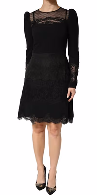 Black Lace Sheer Panel Midi Long Sleeve  Dress