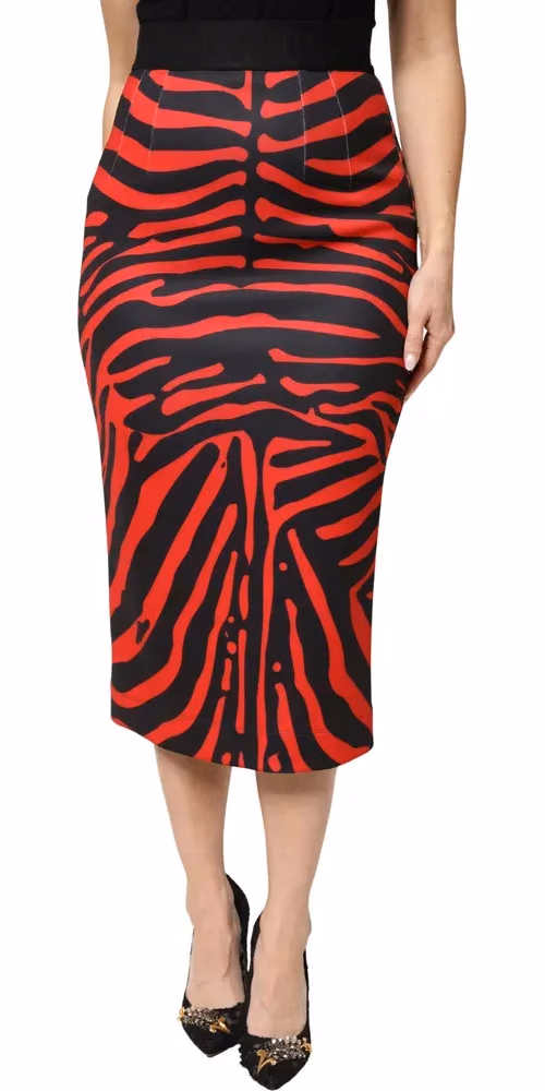 Dolce & Gabbana Red Black Zebra Print Polyester Pencil Midi Skirt