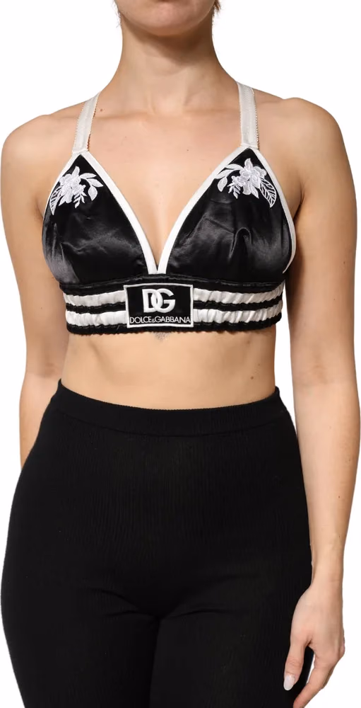 Dolce & Gabbana Black Floral Silk Satin Crop Logo Bralette Top
