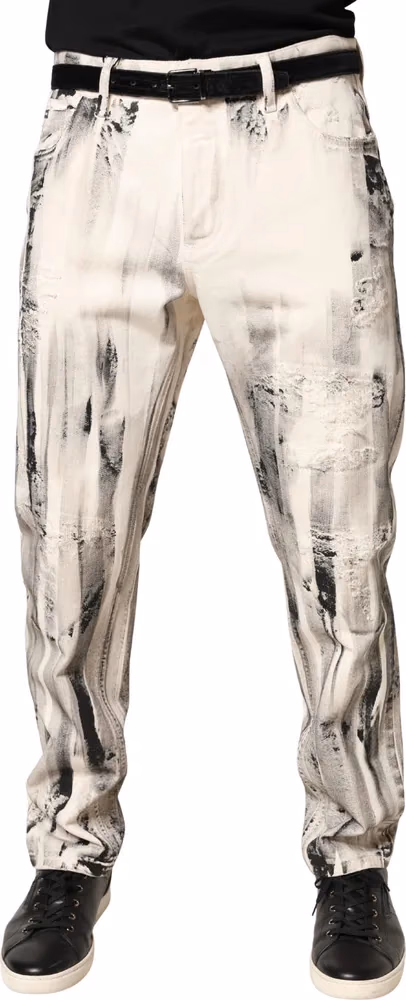 Dolce & Gabbana White Distressed Paint Print LooseDenim Jeans