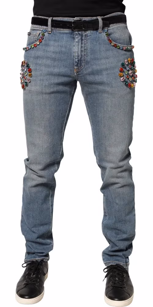 Dolce & Gabbana Blue Embellished Loose Cotton Men Denim Jeans