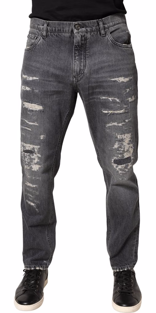 Dolce & Gabbana Dark Gray Tattered Cotton Loose Denim Jeans