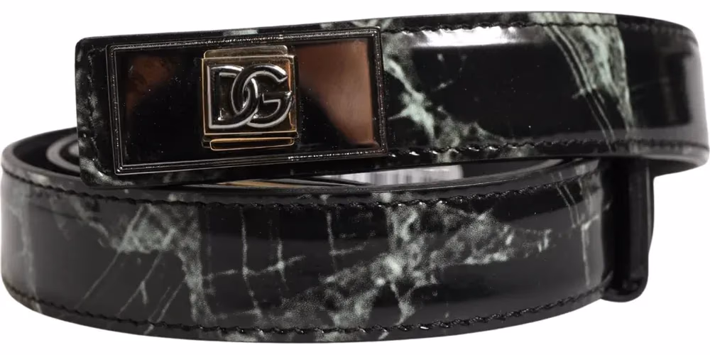 Dolce & Gabbana Men Black Marble Leather DG Logo Buckle Belt