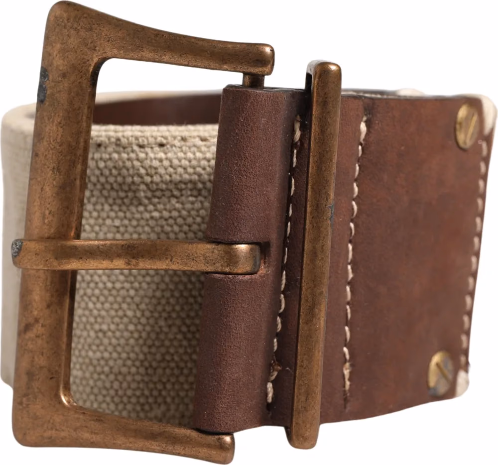 Ermanno Scervino Beige Brown Leather Canvas Metal Buckle Belt