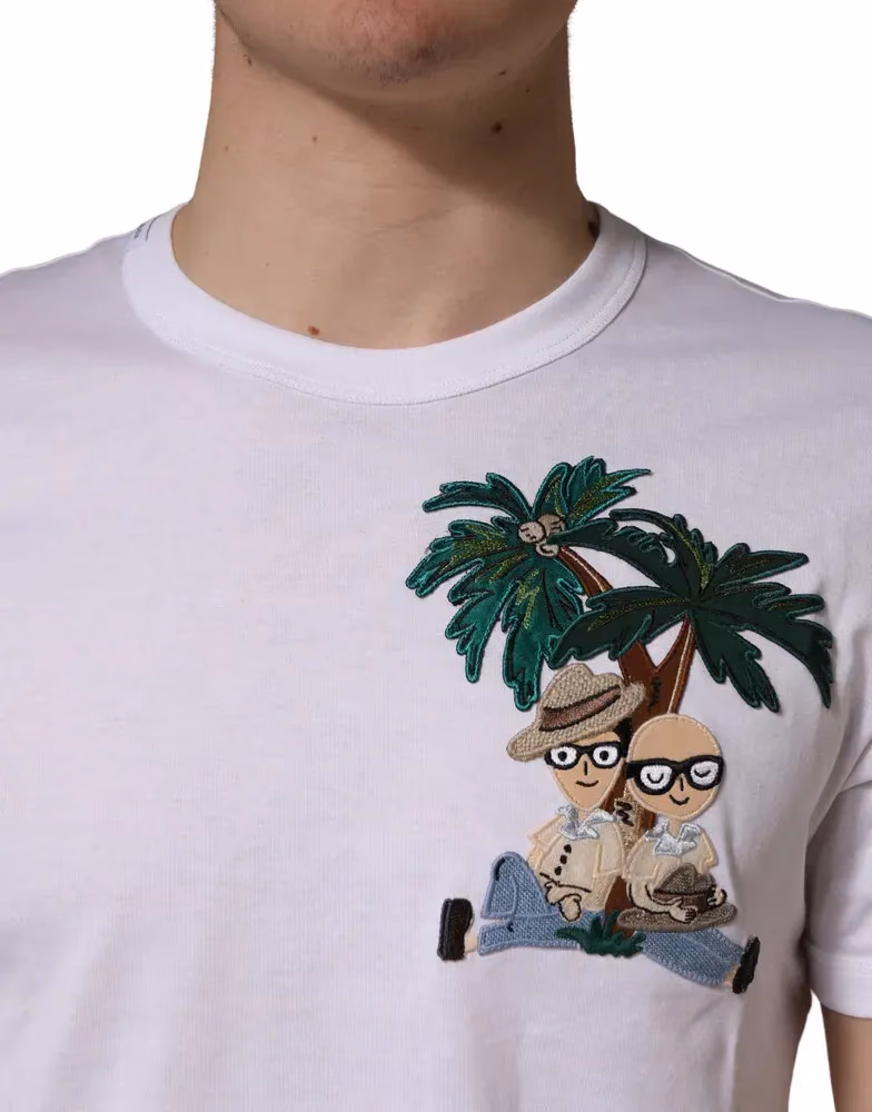 Dolce & Gabbana White Palm Embroidered Men Crew Neck T-shirt