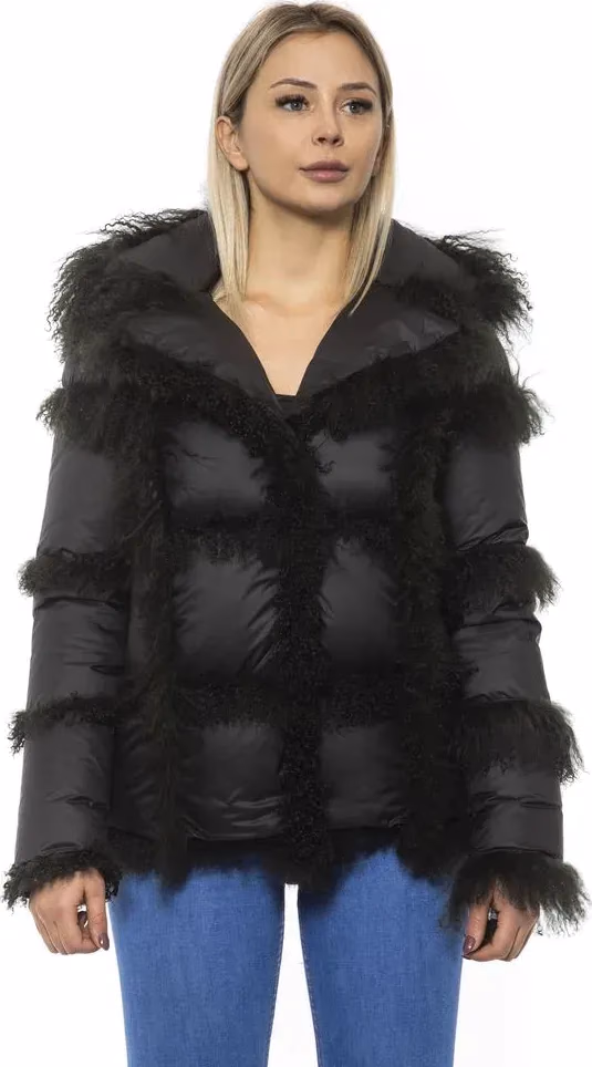 Mr&Mrs Italy Black Poly Jacket with Lamb Fur Hood for Women