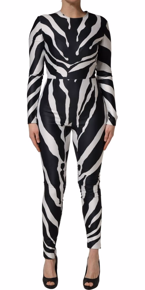 Dolce & Gabbana Black White Polyester Zebra Pattern Jumpsuit