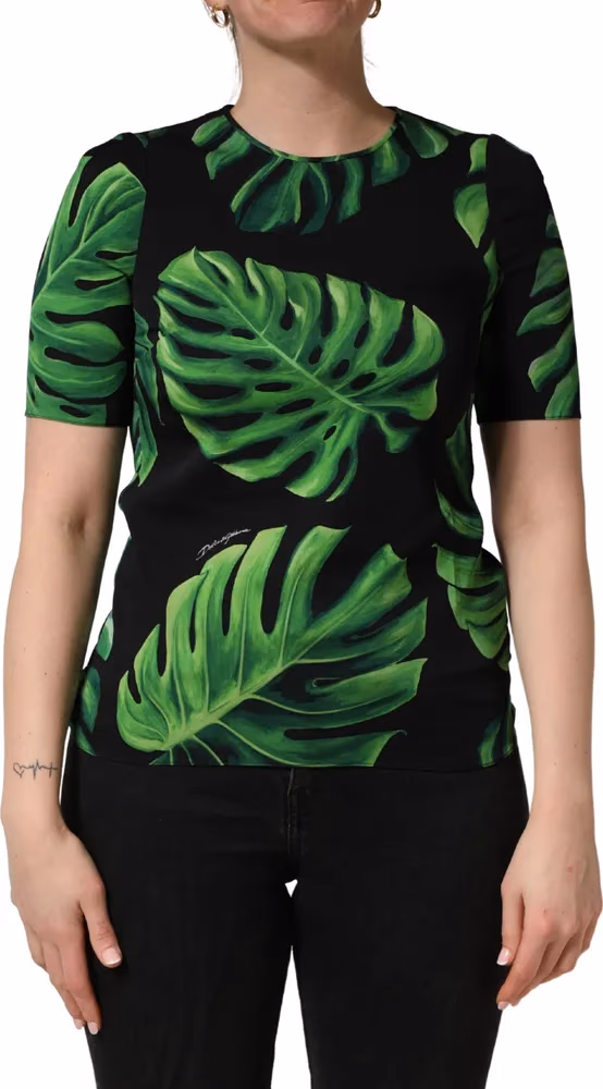 Dolce & Gabbana Black Philodendron Print Silk Blouse Top