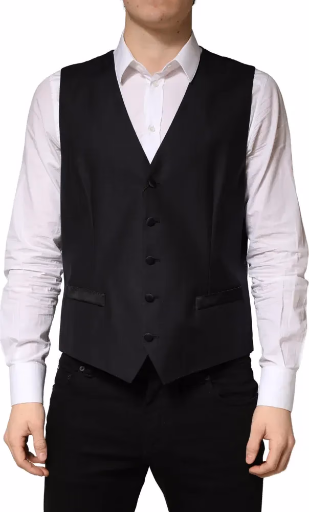 Dolce & Gabbana Black Wool Single Breasted Men Waistcoat Vest