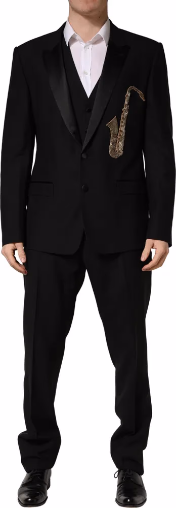 Dolce & Gabbana Black Wool Silk Saxophone Slim Fit 3Pc Suit