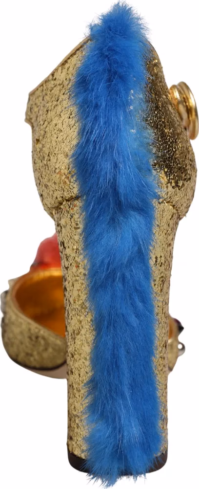 Dolce & Gabbana Gold Fur Trim Glitter T-strap Sandals Shoes