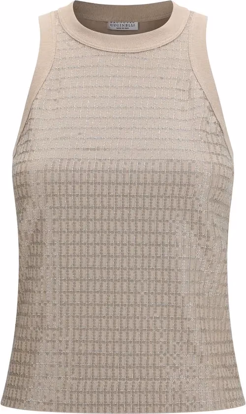 Brunello Cucinelli Beige Cotton Sleeveles T-Shirt