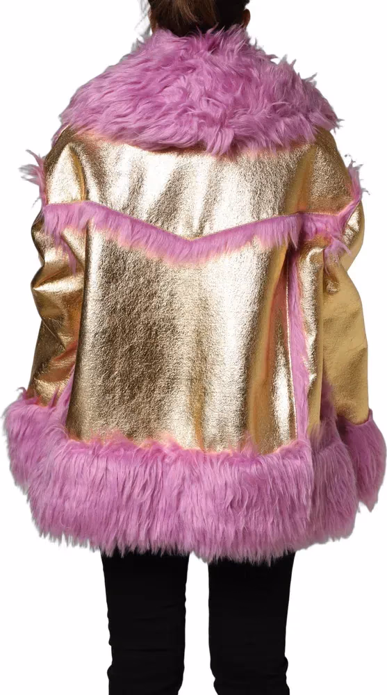 Dolce & Gabbana Pink Plush Faux Fur Gold Leather Coat Jacket