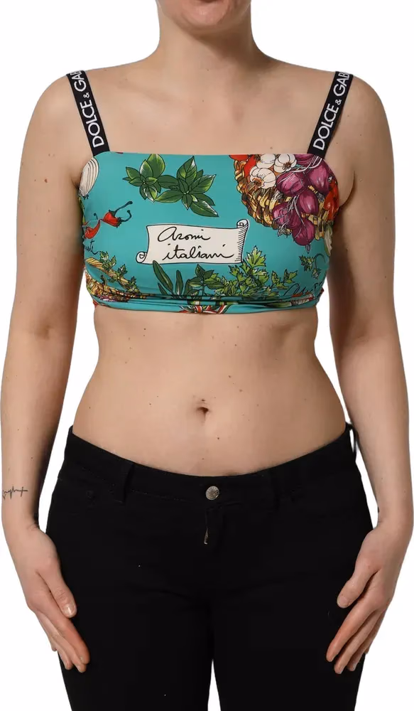 Dolce & Gabbana Turquoise Vegetable Print Silk Crop Tank Top