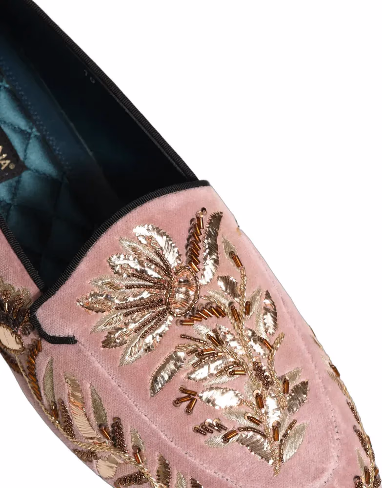 Dolce & Gabbana Pink Velvet Floral Embroidery Loafers Shoes
