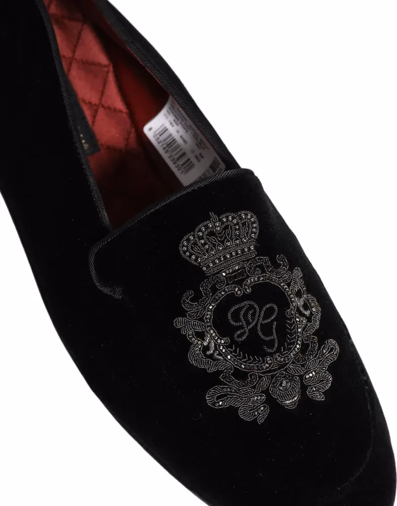 Dolce & Gabbana Black Velvet Crown Embroidery Loafers Shoes