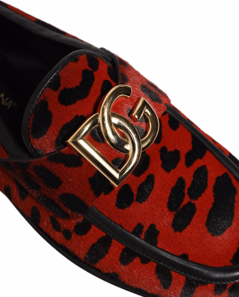 Dolce & Gabbana Red Leopard Print Pony Hair Dress Loafers Shoes