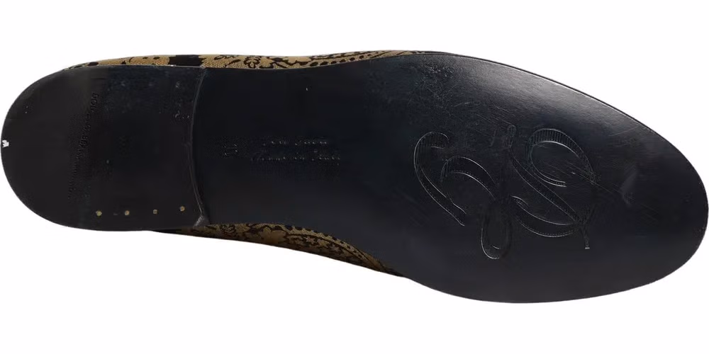 Dolce & Gabbana Gold Jacquard Leather Slip On Loafers Shoes