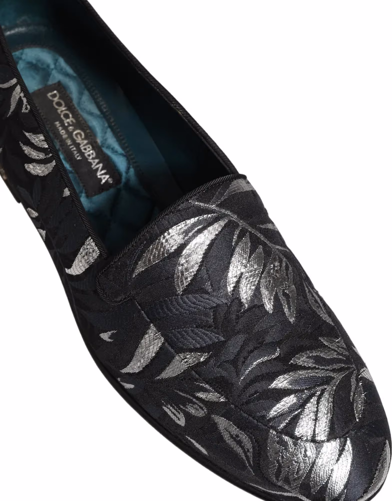 Dolce & Gabbana Black Leaf Embroidery Dress Men Loafers Shoes