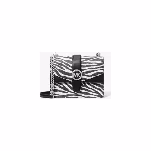 Michael Kors Michael Kors Greenwich Small Print Logo Crossbody Tote Chain Bag Black/White $498