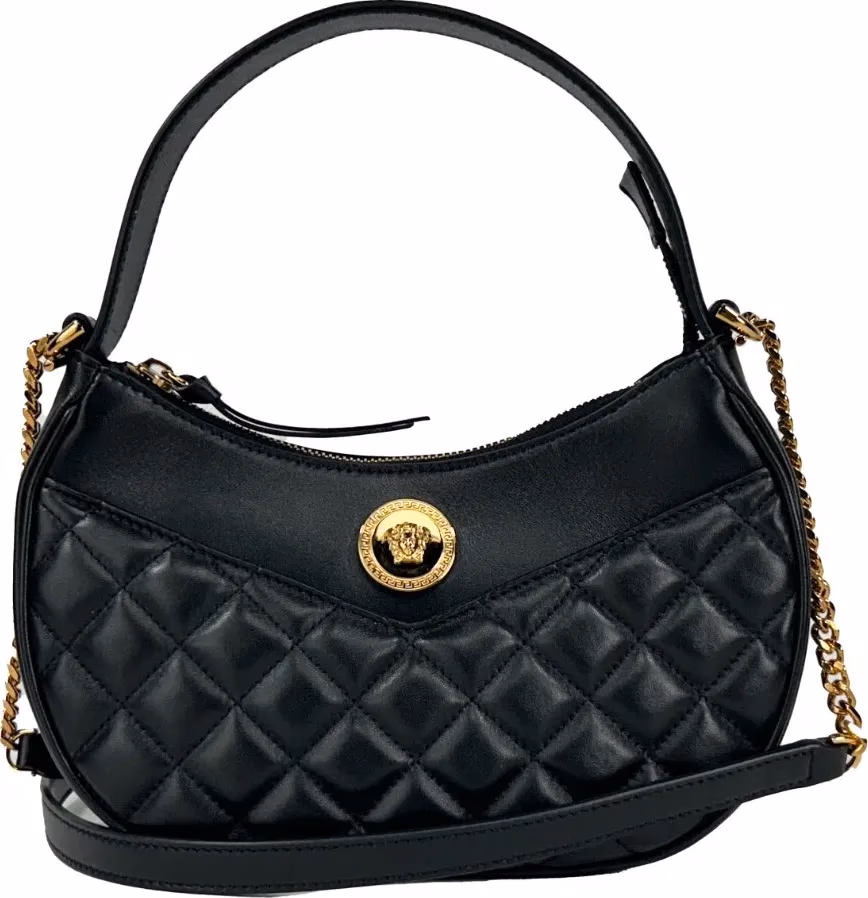 Versace Versace Quilted Black Leather Half Moon Chain Crossbody Bag