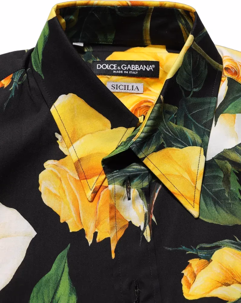 Dolce & Gabbana Black Floral Stretch Cotton SICILIA Fit Dress Shirt