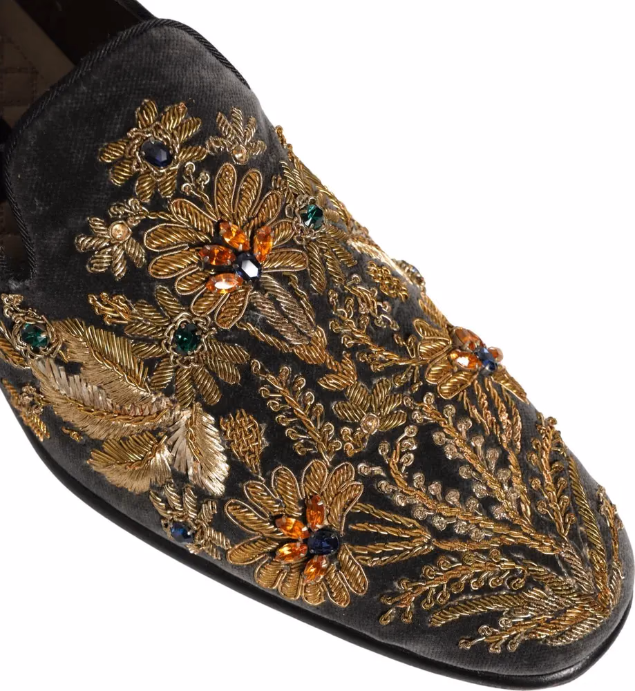 Dolce & Gabbana Black Velvet Embellished Dress Loafers Shoes