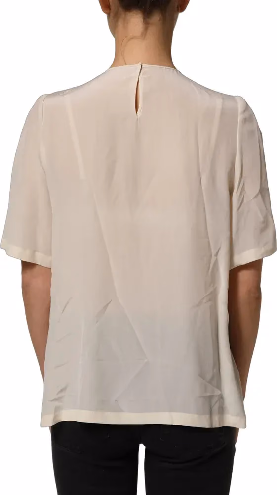 Dolce & Gabbana Beige Lace Trim Bow Short Sleeves Blouse Top