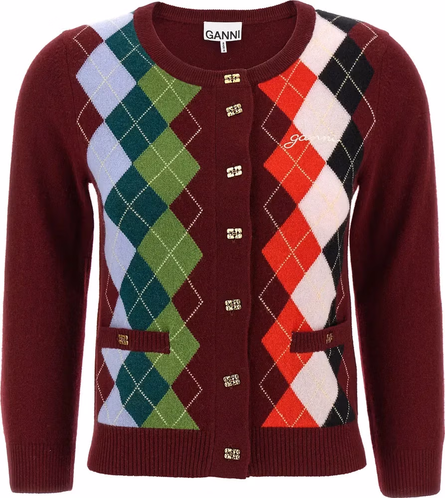 Ganni Bordeaux Merino Wool Cardigan