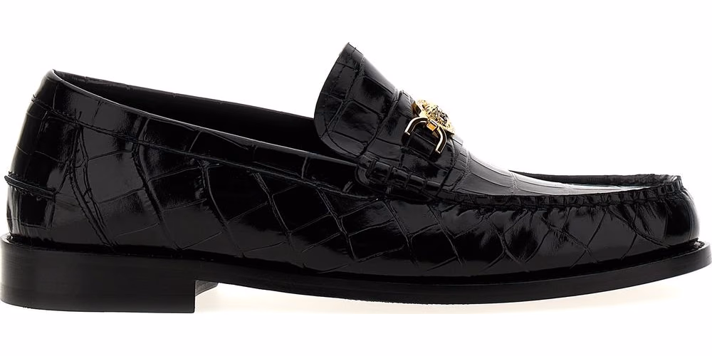 Versace Black Velvet Leather Slip-On Loafers