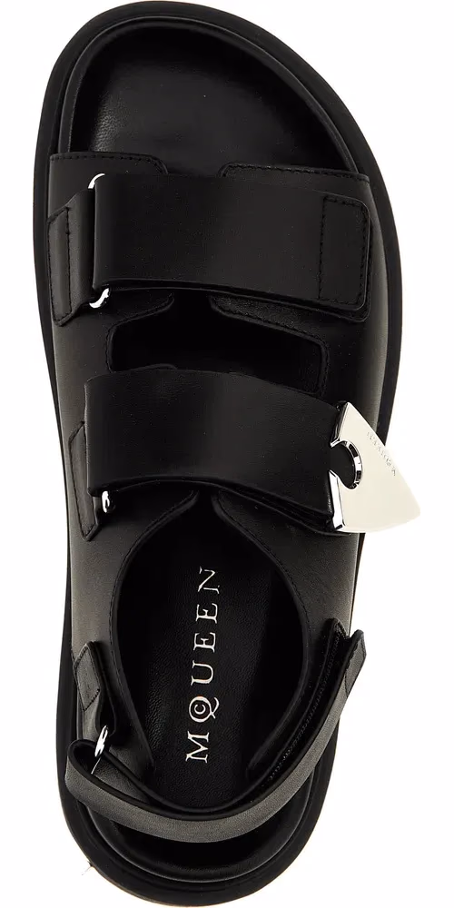 Alexander McQueen Black Calf Leather Bos Taurus Flat Sandals