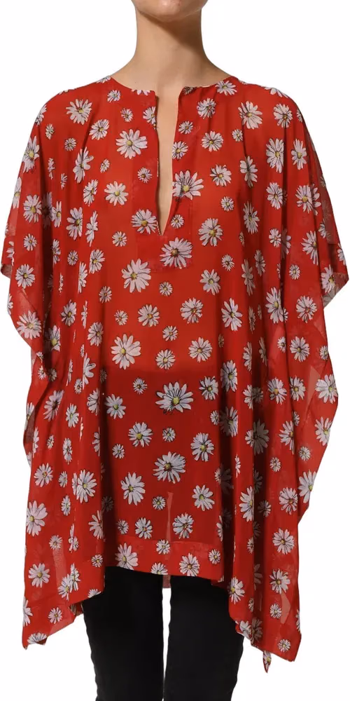 Dolce & Gabbana Red Floral V-neck Polyester Kaftan Blouse Top