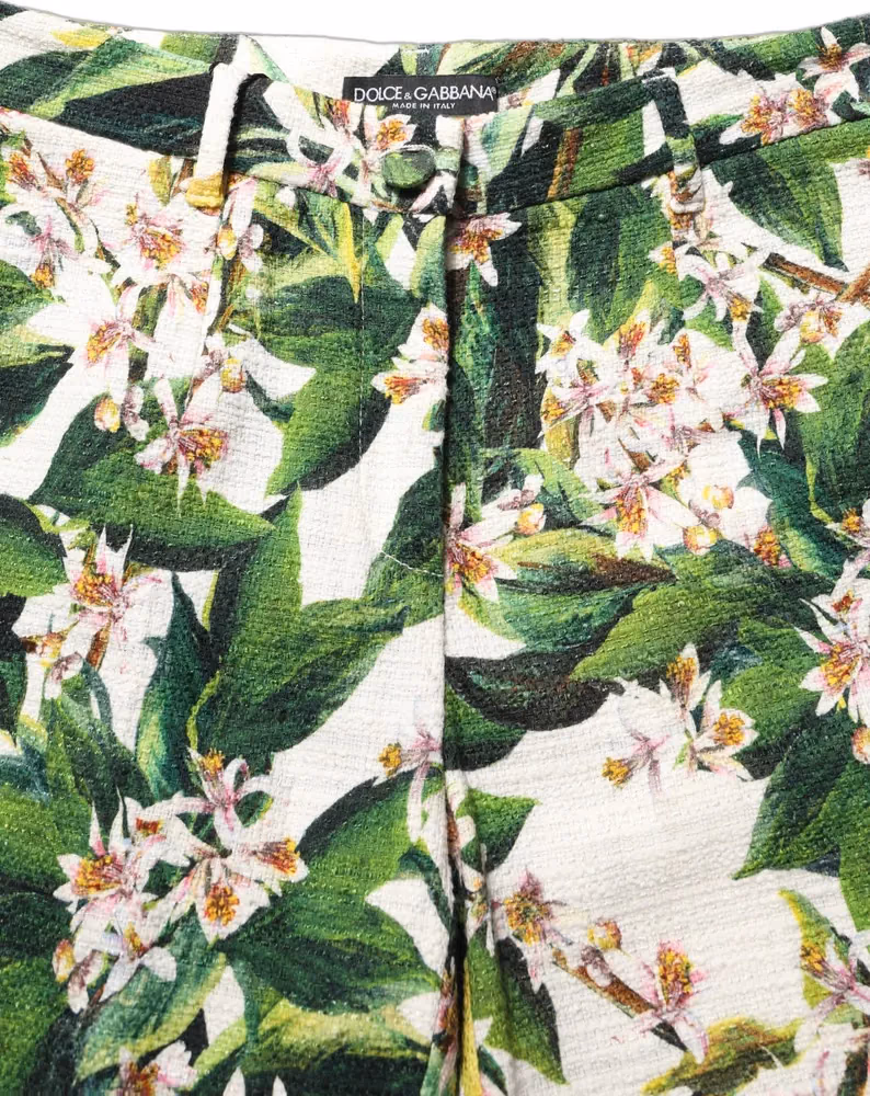 Dolce & Gabbana White Floral Print Cropped Straight Pants