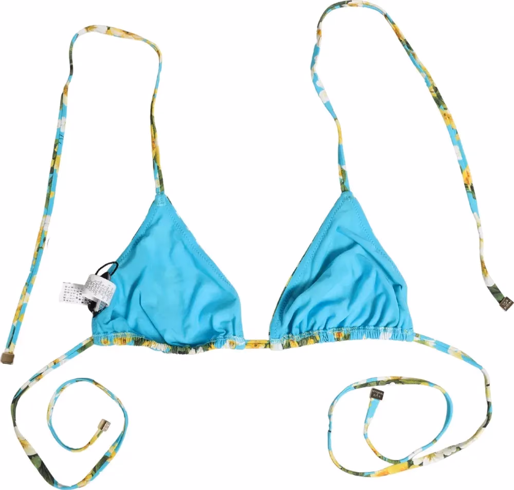 Dolce & Gabbana Blue Floral Print Nylon Halter Bikini Top Swimwear