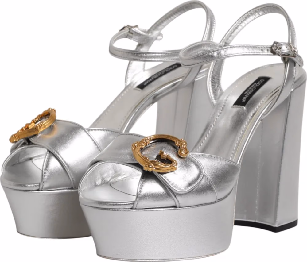 Dolce & Gabbana Silver Logo Ankle Strap Heels Sandals Shoes