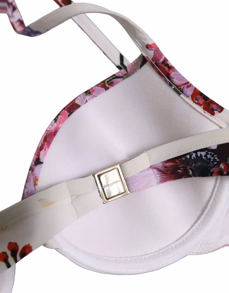 Dolce & Gabbana White Floral Print Nylon Beachwear Bikini Top