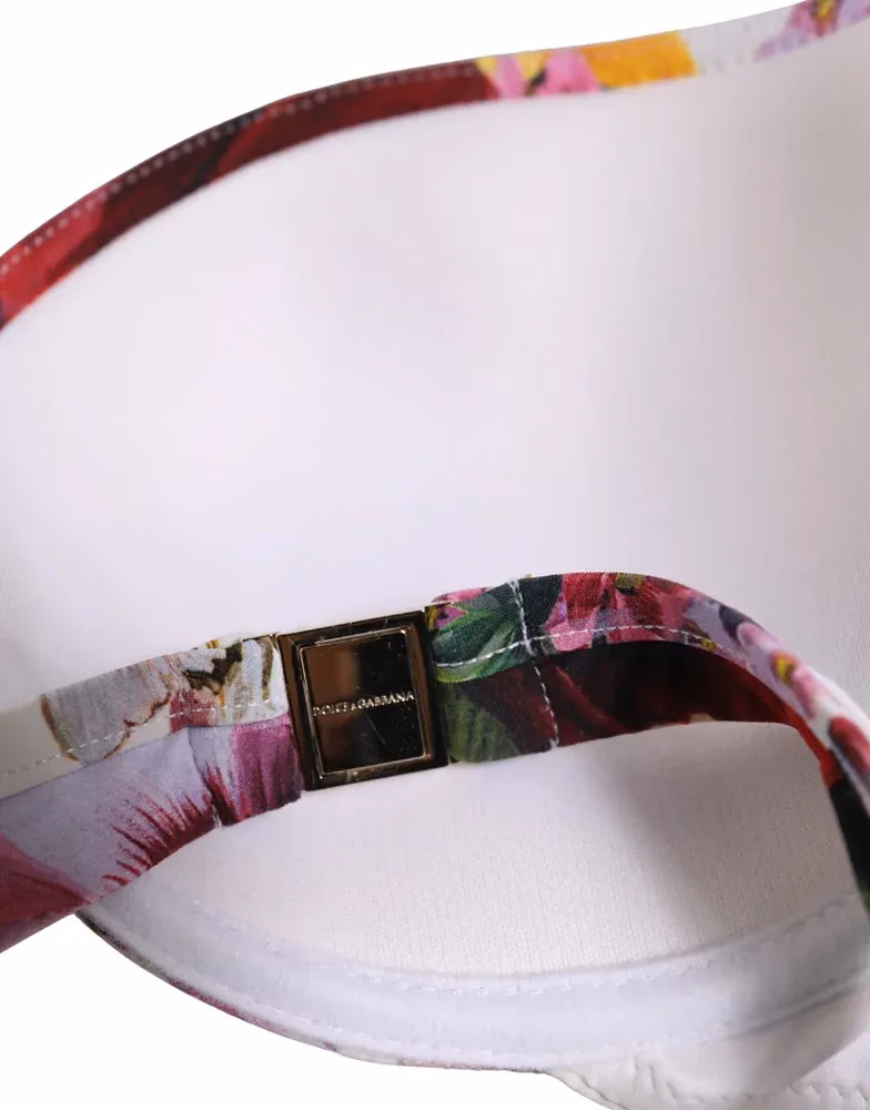 Dolce & Gabbana White Floral Print Nylon Beachwear Bikini Top