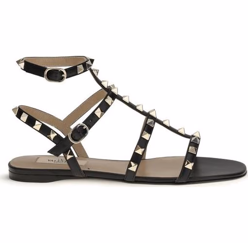 Valentino Garavani Black Calf Leather Bos Taurus Flat Sandals