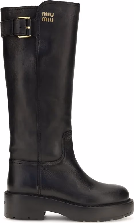Miu Miu Black Calf Leather Bos Taurus Flat Boots