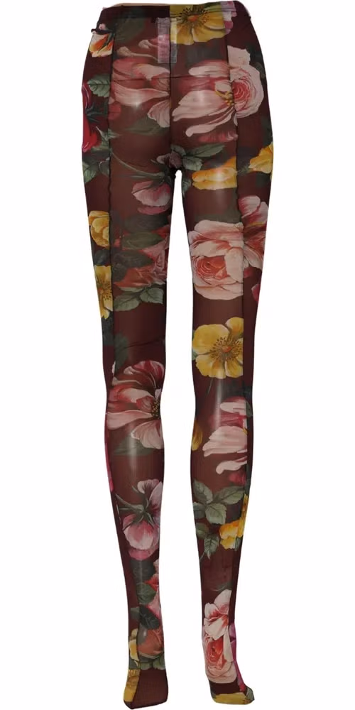 Dolce & Gabbana Maroon Floral Print Tights Sheer Stockings Socks