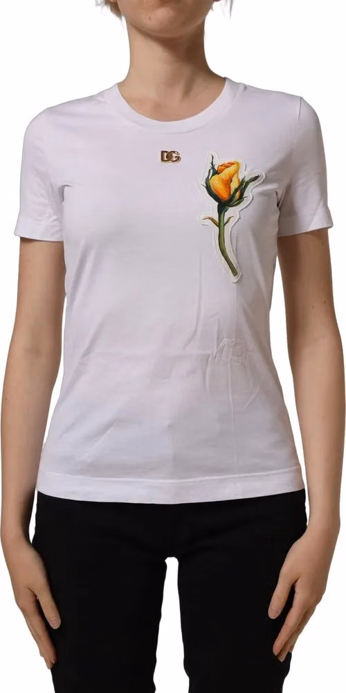 Dolce & Gabbana White Cotton Rose Patch Crew Neck T-shirt