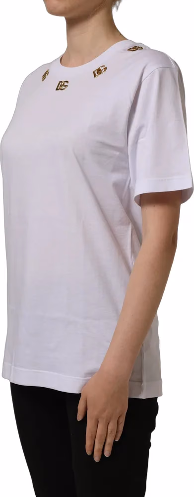 Dolce & Gabbana White Cotton Gold DG Logo Crew Neck T-shirt