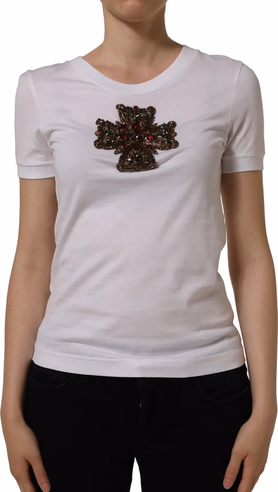 Dolce & Gabbana White Crystal Embellished Cross Top T-shirt