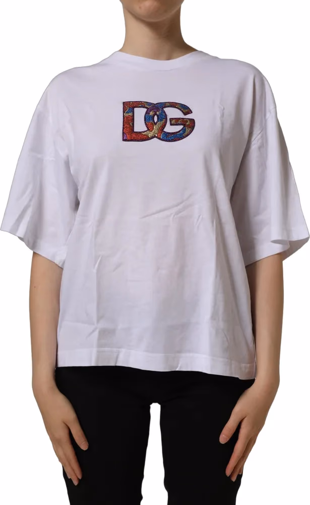 Dolce & Gabbana White Logo Patch Cotton Crew Neck T-shirt