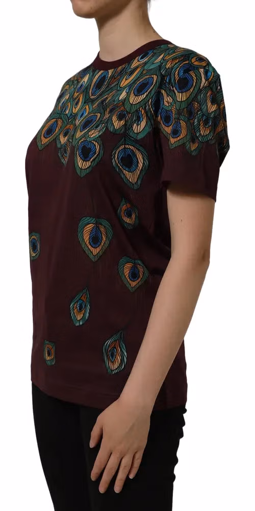 Dolce & Gabbana Burgundy Peacock Feather Round Neck T-shirt