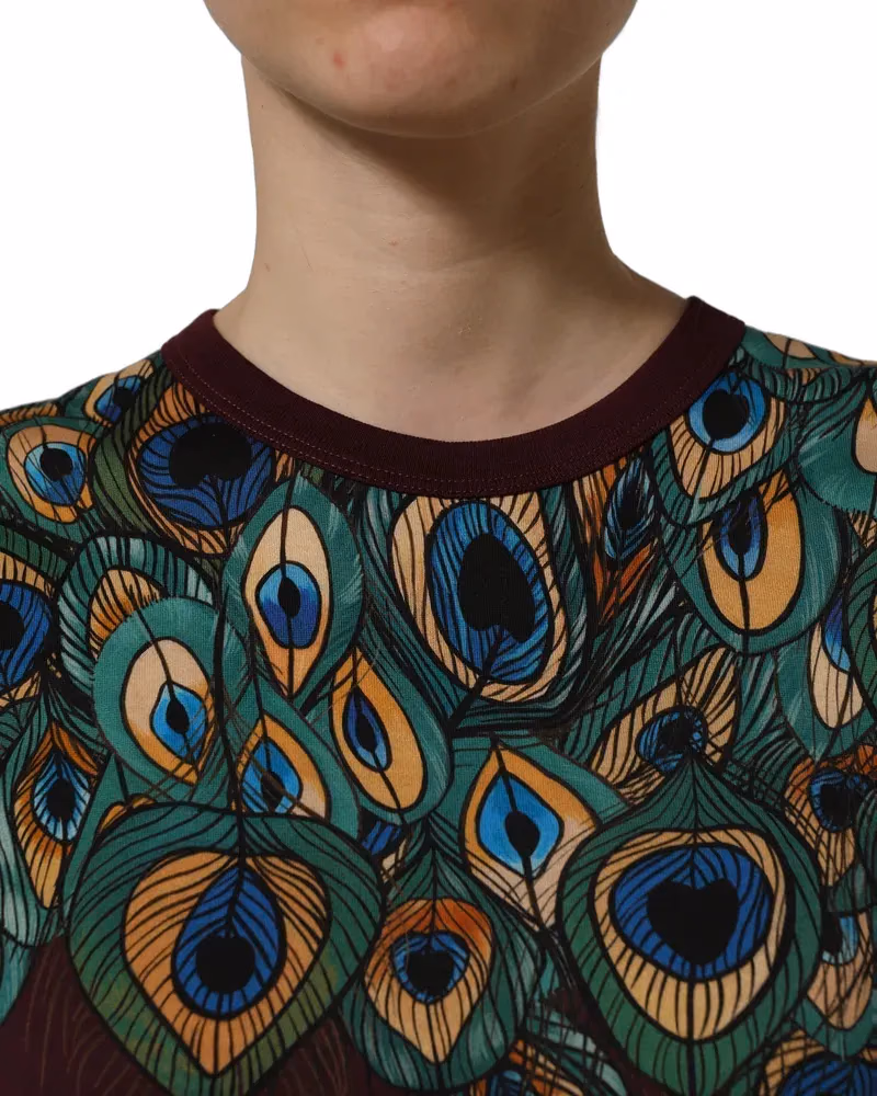 Dolce & Gabbana Burgundy Peacock Feather Round Neck T-shirt