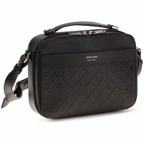 Ferragamo Black Calf Leather Bos Taurus Shoulder Bag
